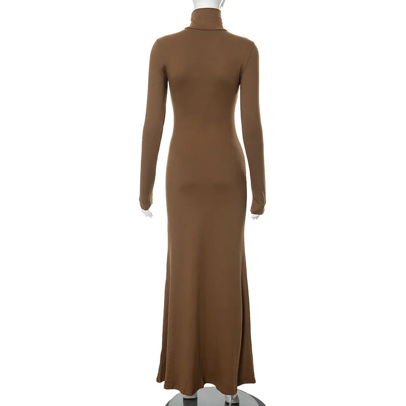 Cryptographic Fall Winter Turtleneck Elegant Long Sleeve Maxi Dress Outfits for Women Casual Fashion Bodycon Dresses Vestido