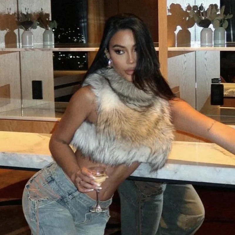 Autumn Fur Patchwork Backless Zipper Crop Top for Women