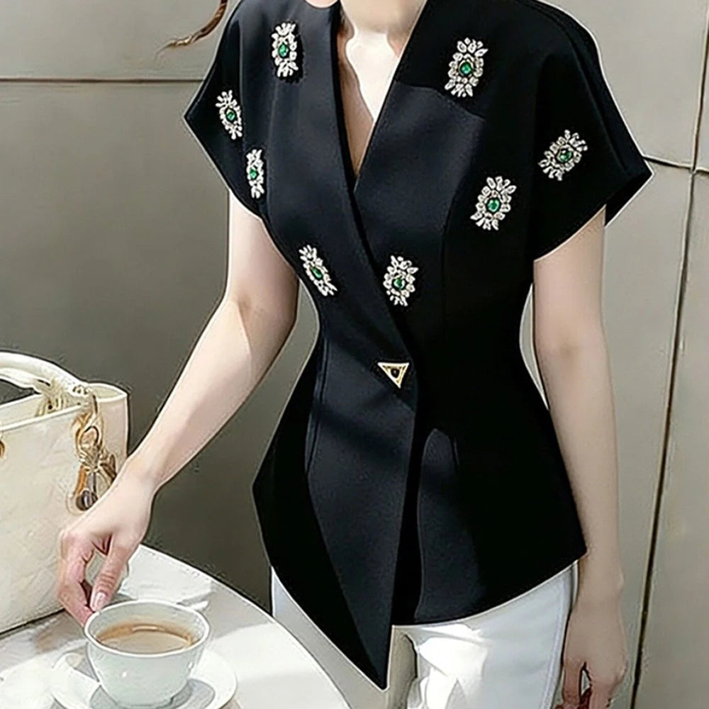 Black Diamond Encrusted Single Breasted Cropped Jacket For Women