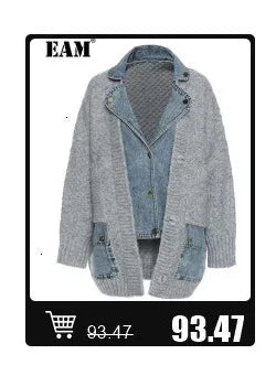 [EAM] Women Black Denim Burr Irregular Big Size Casual T-shirt New V-Neck Half Sleeve Fashion Tide Spring Summer 2025 1DJ1392