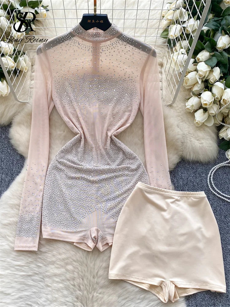 Sheer Long Sleeve Zipper Mesh Romper With Shorts for Women