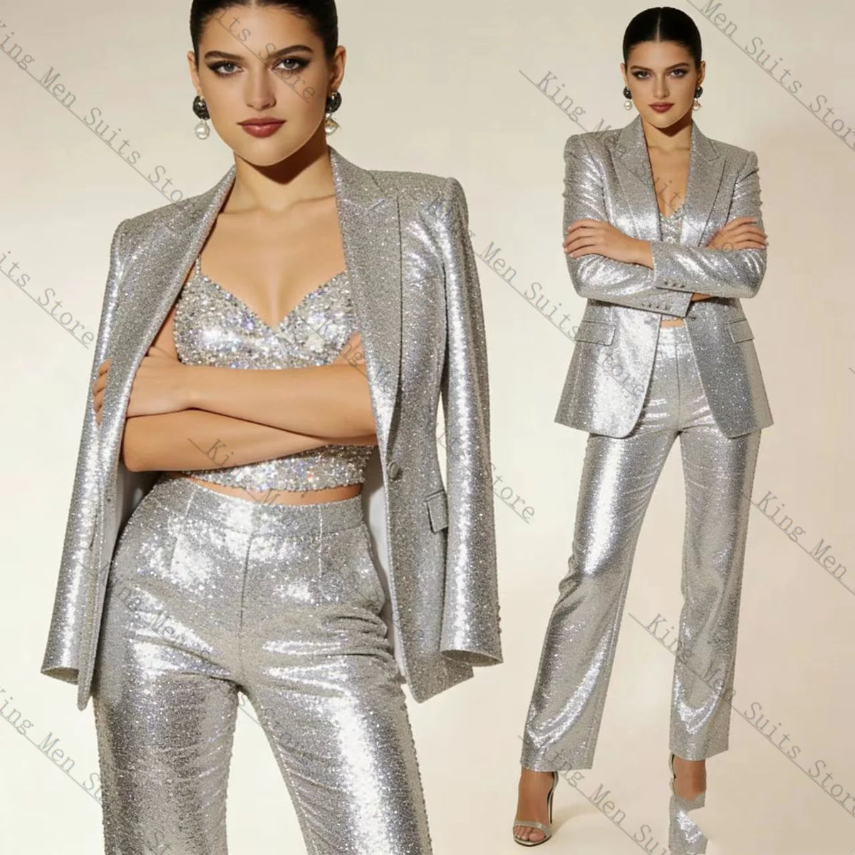Elegant Silver Sequined Blazer And Pants Set For Women