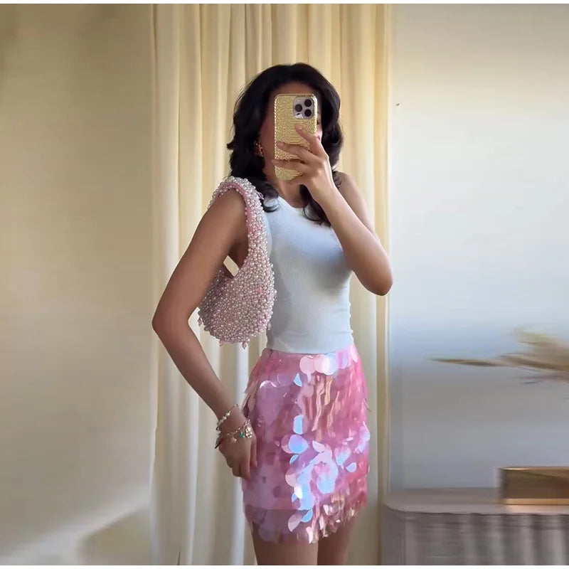 Sheer Chiffon Cape Top and Sequin Mini Skirt Set for Women