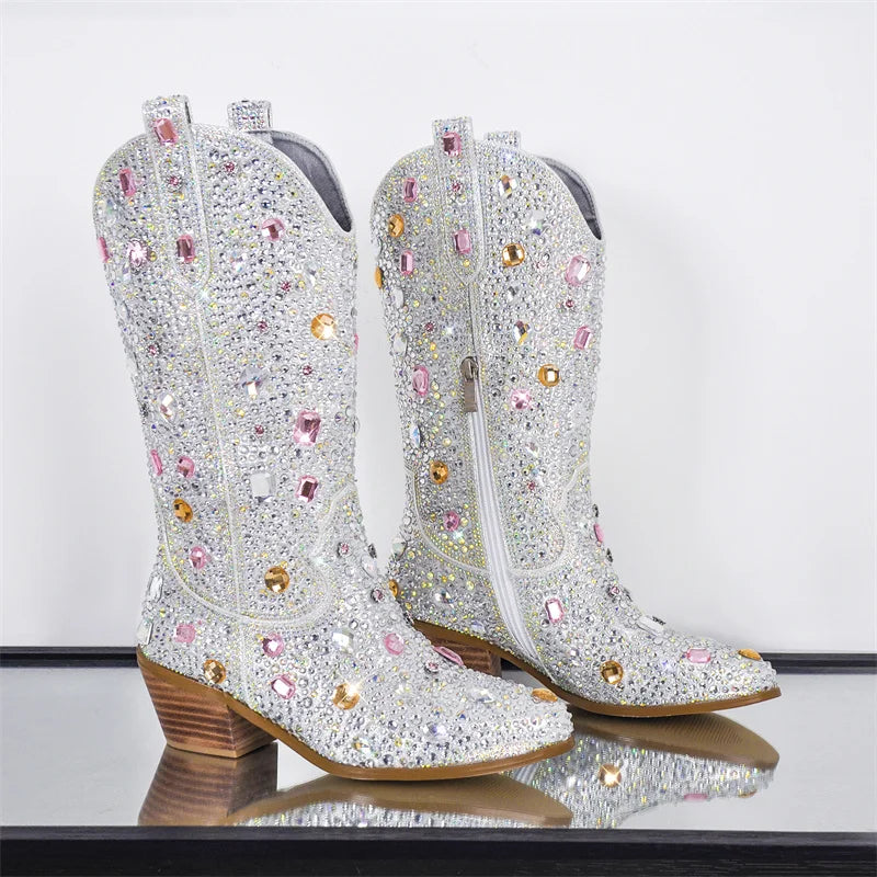 Rhinestone Knee High Cowgirl Boots With Chunky Heels for Women