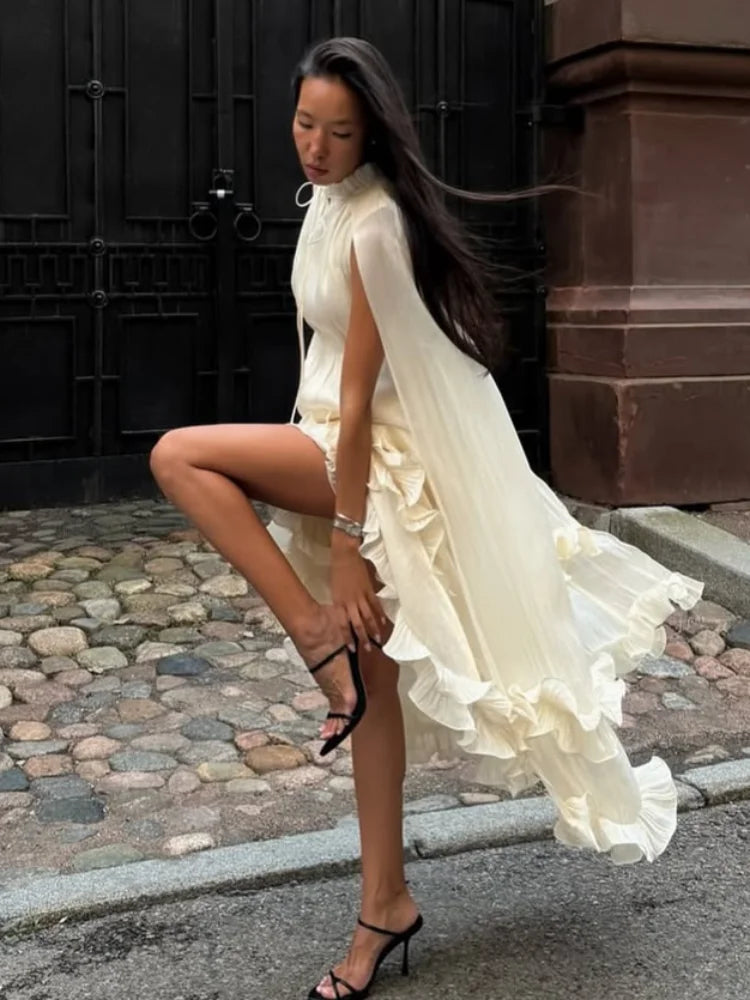 Women Solid Ruffle  Maxi Dress Fashion Lapel V-neck Sleeveless Pleated High Waist Chic Dresses 2025 Summer Lady Vacation Robes