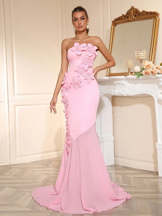 Modphy Pink Strapless Patchwork Appliques Slim Fit Mermaid Dress Women'S Off Shoulder Long Dress Elegant Evening Party Gowns