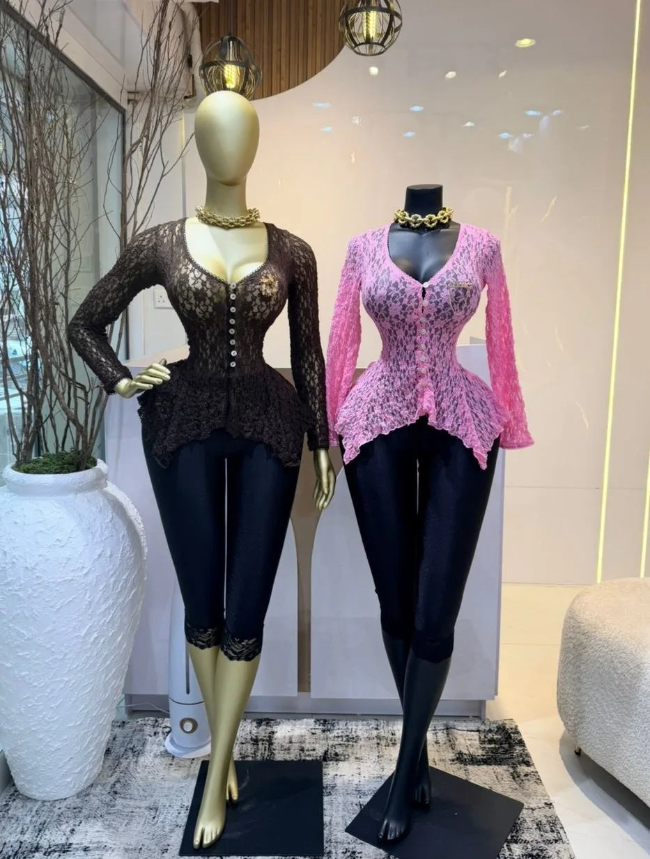 Floral Lace Sheer Button Up Peplum Blouse for Women