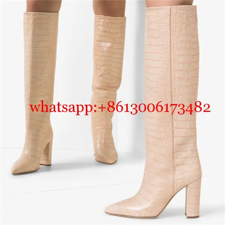Pointed Toe Slip On Leather Knee High Boots for Women