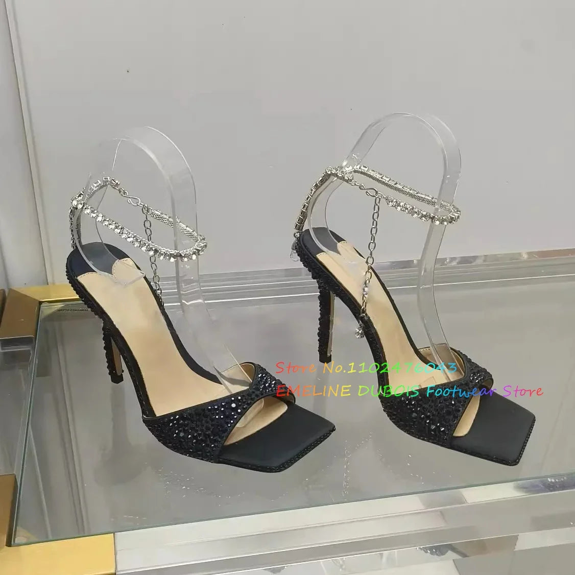 Rhinestone Chain Square Toe High Heel Sandals Women Sexy New Peep Toe Stiletto Heel Crystal Designer Brand Ladies Dress Shoes