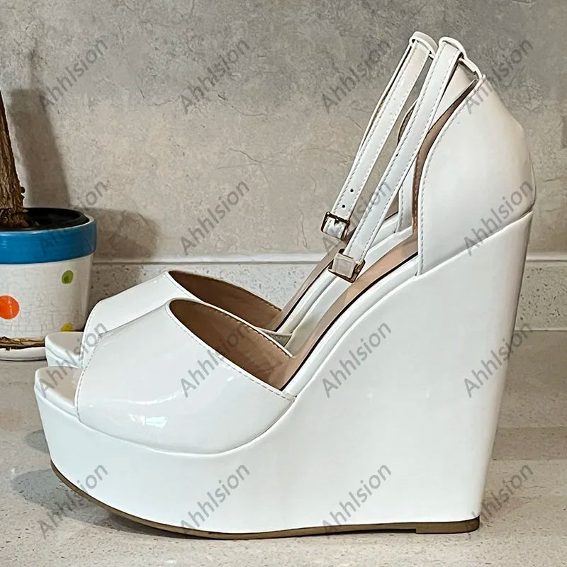 Glossy Peep Toe Platform Wedge Sandals With Buckle Strap For Women