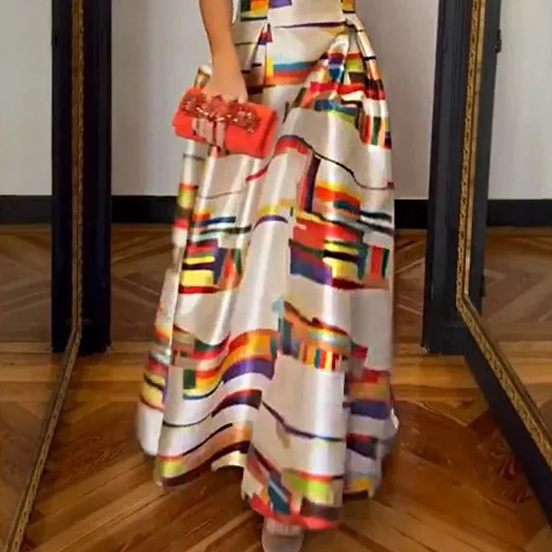 Elegant Printed O-Neck Evening Dress 2023 Sexy Hollow Sleeveless Waist Tank Dress New Casual Pleated Office Long Dress Vestidos