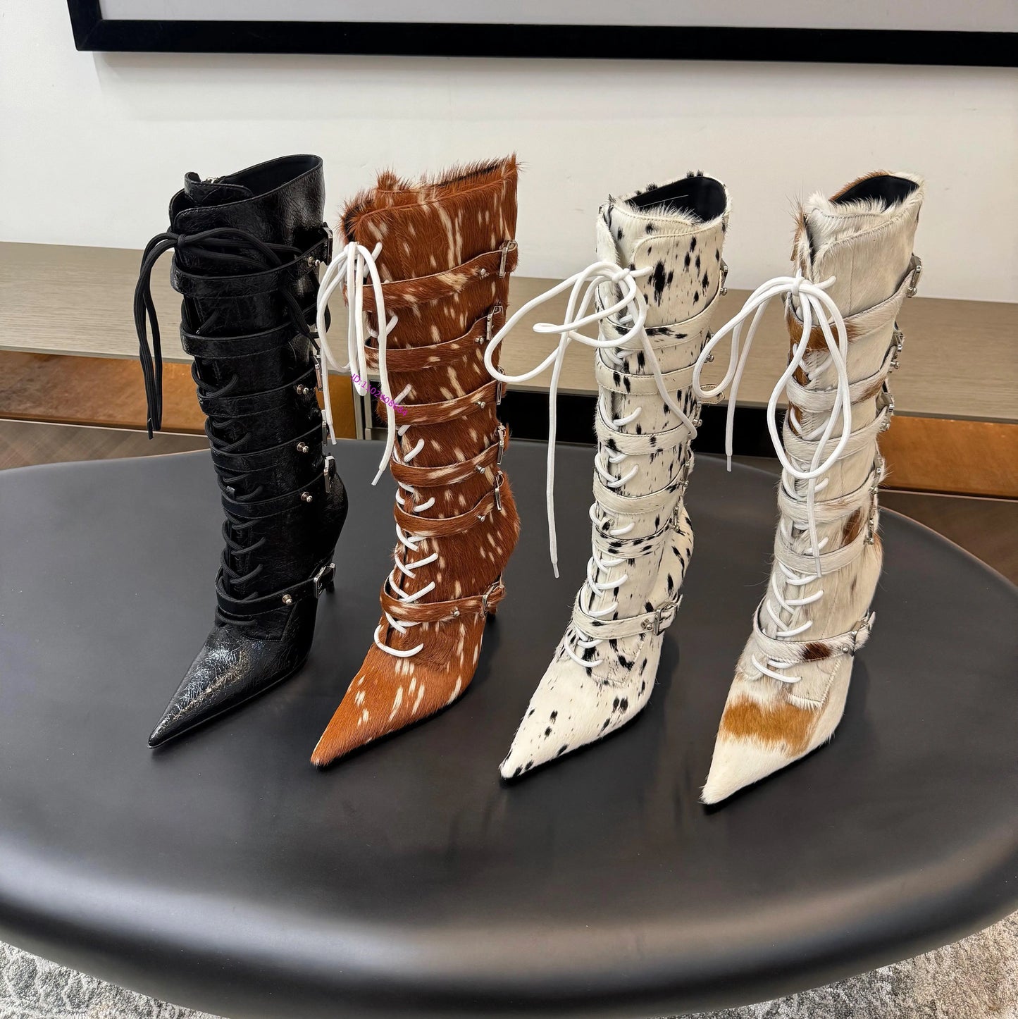 Pointed Toe Belt Strap Lace Up Fur Lined Knee Boots For Women