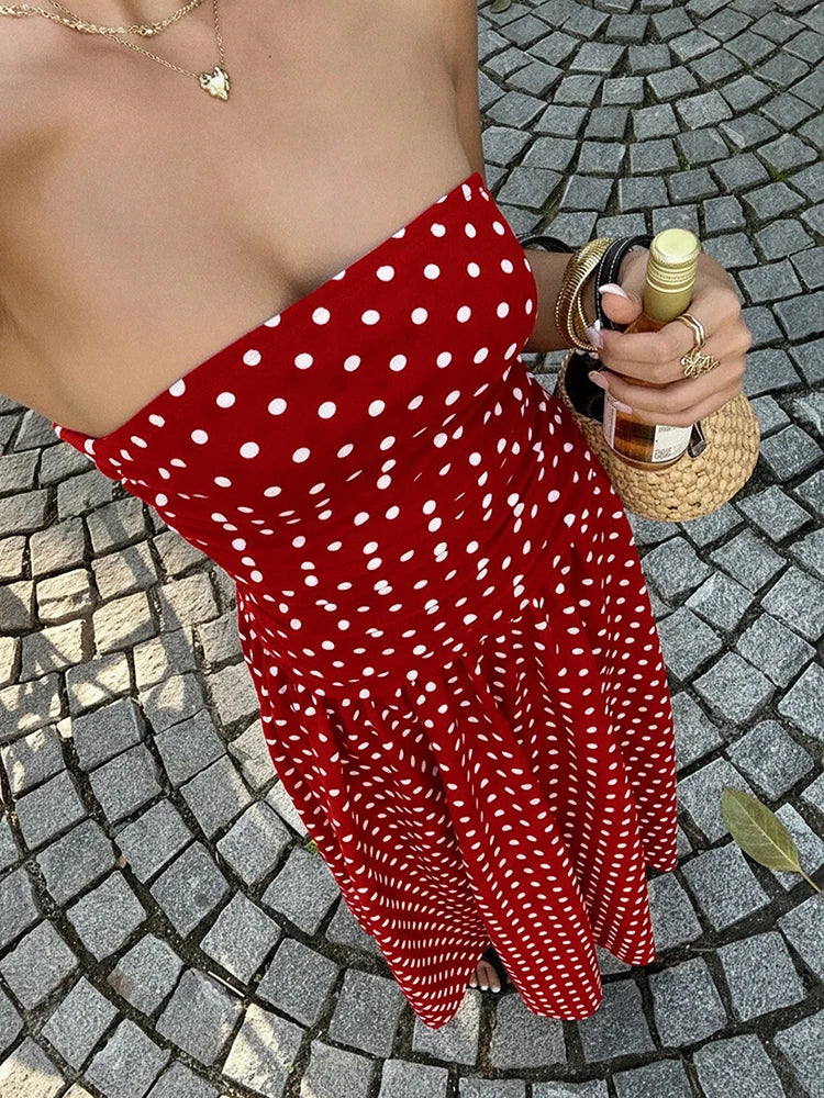 Polka Dot Backless Strapless Maxi Summer Dress for Women