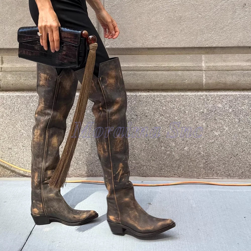 Slip On Pointed Toe Over Knee Chunky Heel Boots for Women