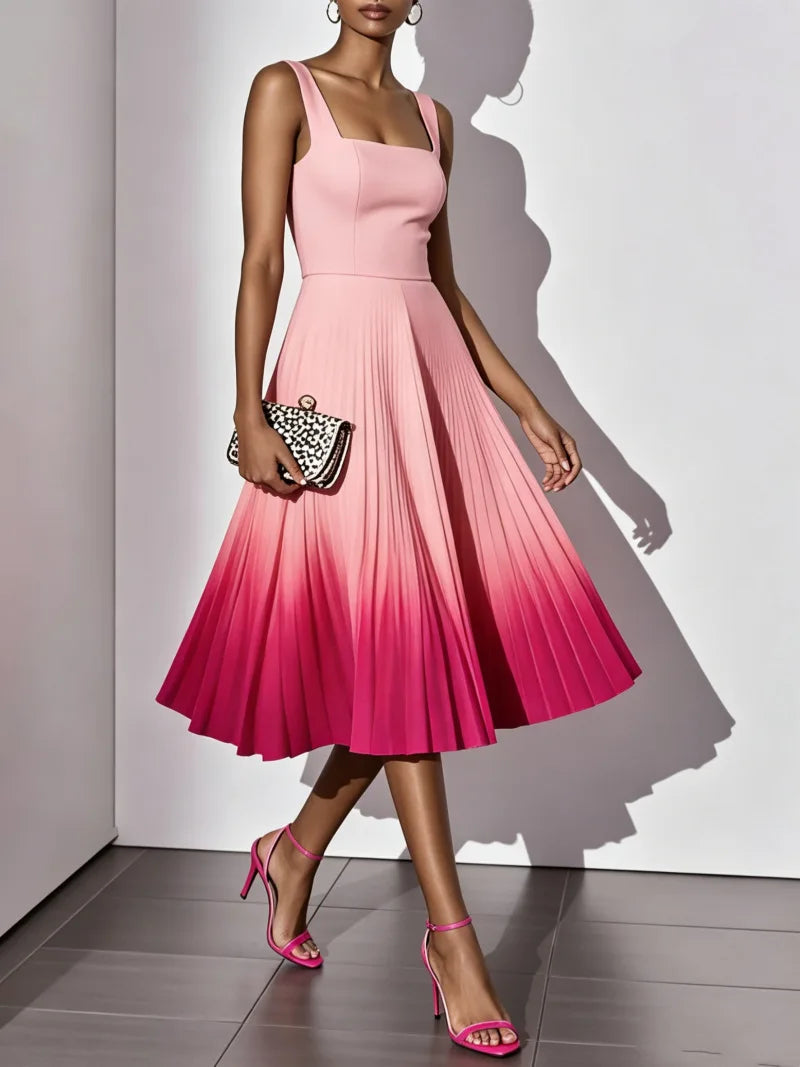 Sleeveless Gradient Print A Line Pleated Midi Dress for Women