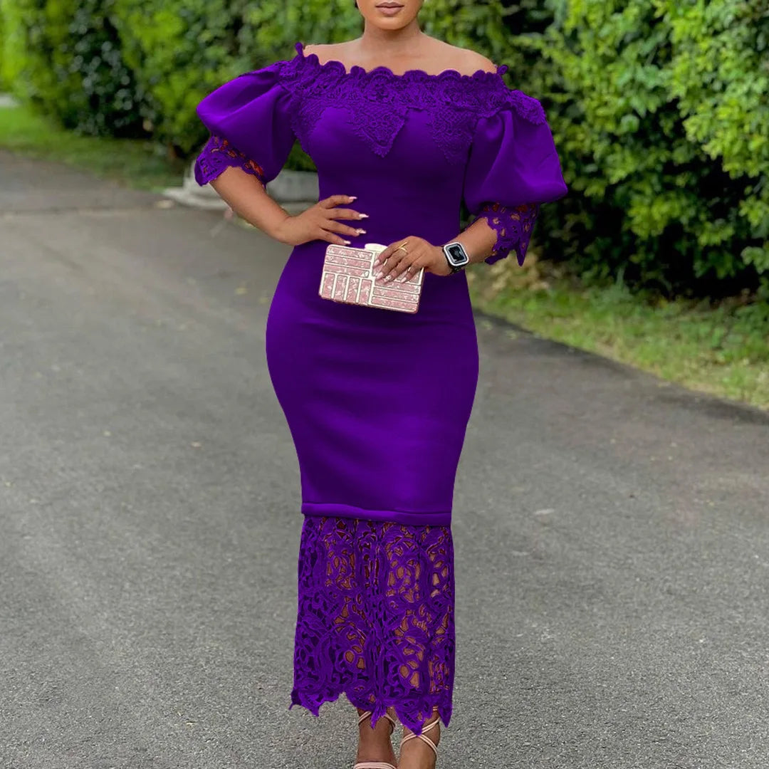 Elegant Dresses for Woman Off the Shoulder Lantern Sleeve Lace Patchwork Sheath Package Hips Ankle Length Luxury Birthday Dress