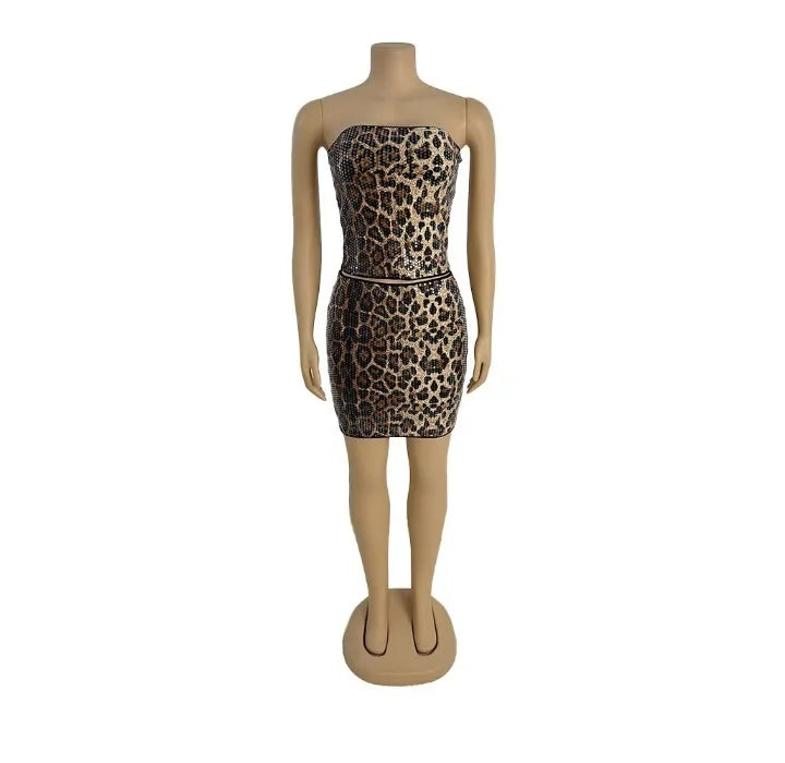 Sleeveless Top for Women Streetwear Slim Fit Type Leopard Print Strapless Sequined Ultra Short Vests Female Summer 2025 New