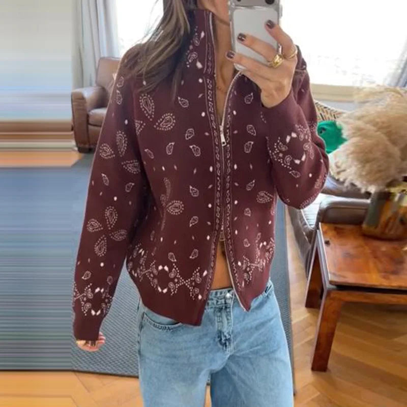 Vintage Printed Knit Stand Collar Zip Cardigan for Women