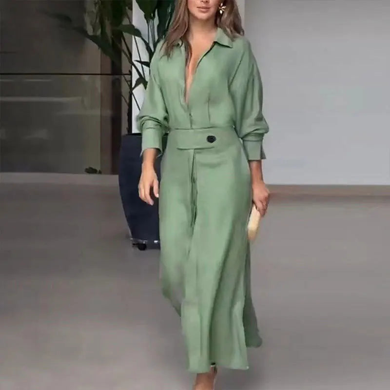 Autumn Elegant Long Sleeve V Neck Shirt Dress for Women