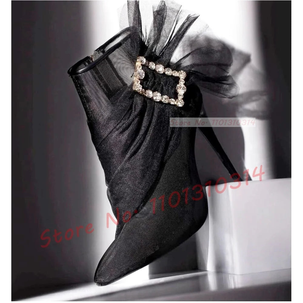 See Through Mesh Crystal Buckle Ankle Booties for Women