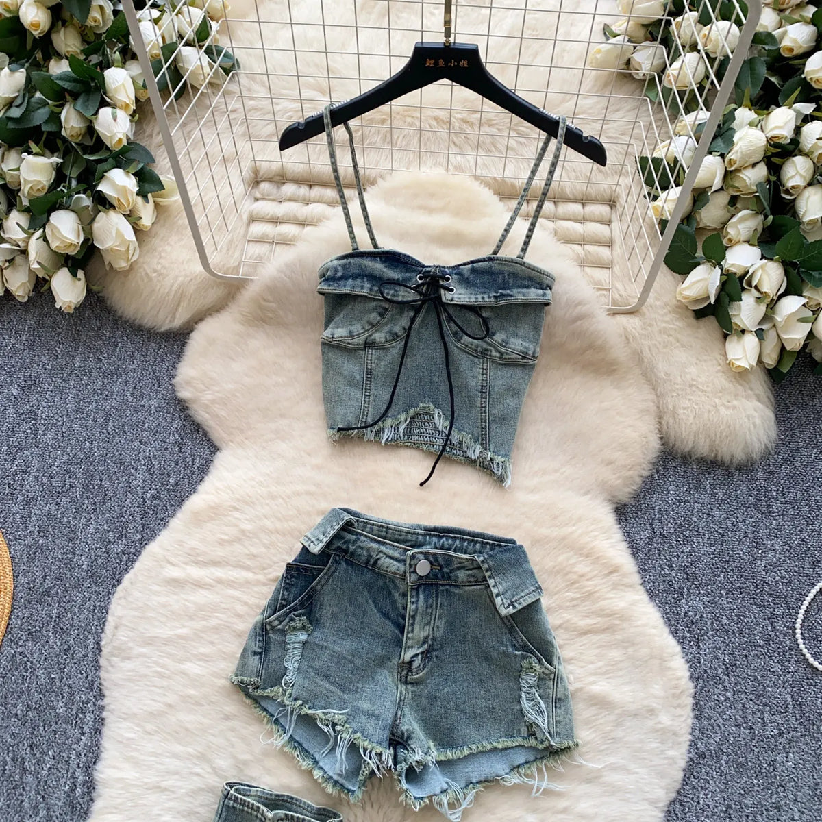 Edgy Summer Denim Three Piece Set With Shorts for Women