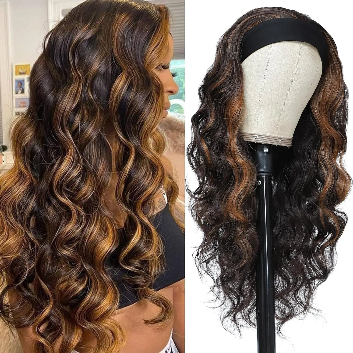 Long Brown Blonde Wavy Headband Wig
