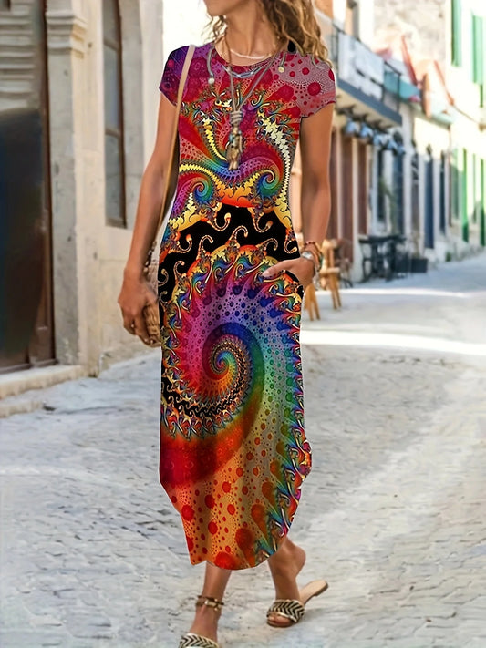 2024 Europe and the United States summer new women's round neck short sleeve long skirt printed dress women