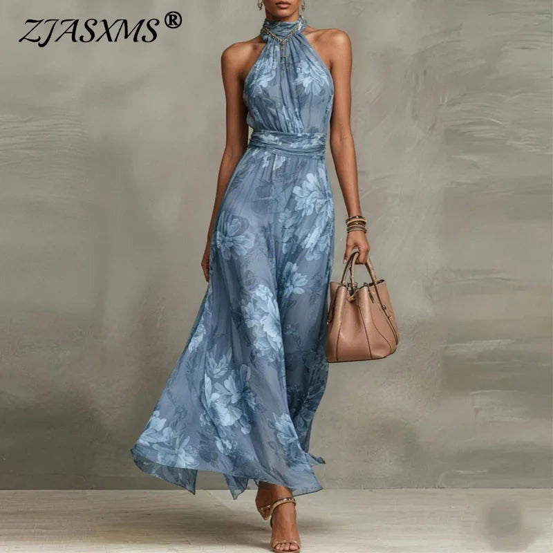 Flowing Floral Halter Ruched Waist Maxi Dress for Women