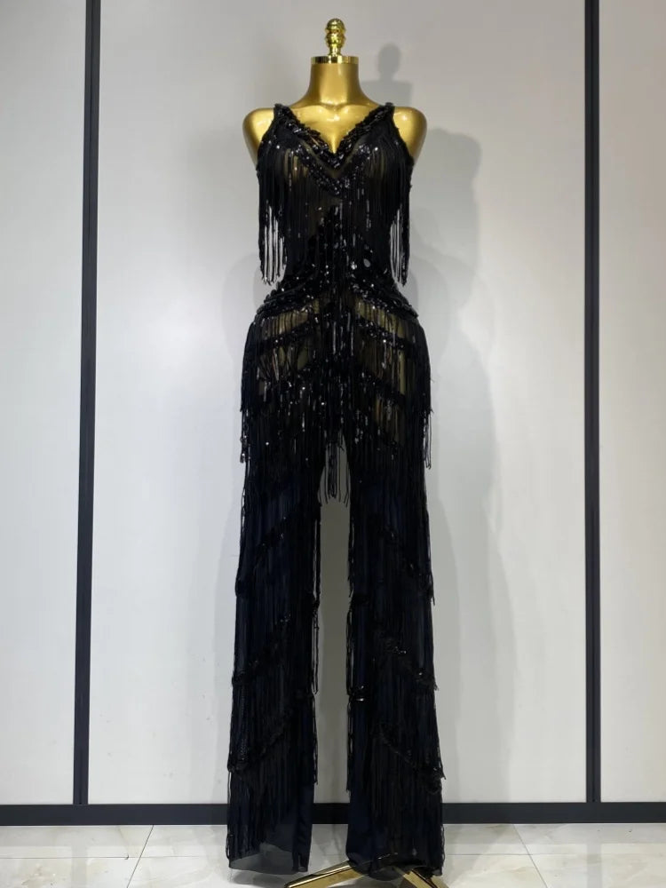 Gold Rhinestones Fringe Jumpsuit