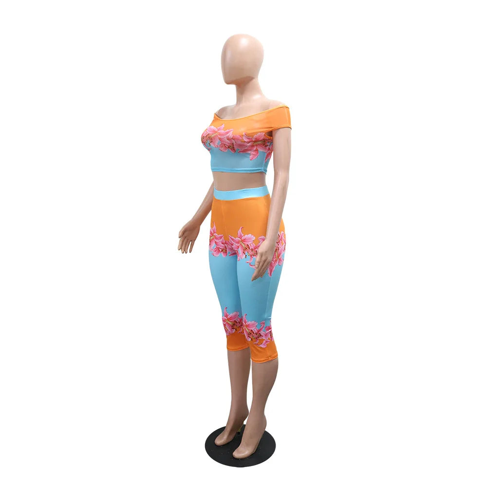 Casual Floral Print Off Shoulder Two Piece Set for Women
