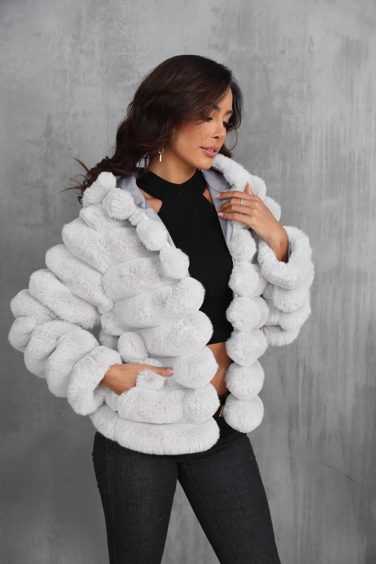Warm Hooded Short Faux Fur Coat With Turn Down Collar for Women