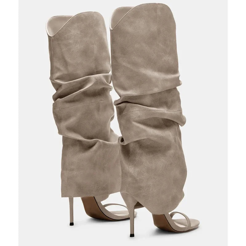Pointed Toe Knee High Thin Heel Leather Boots for Women
