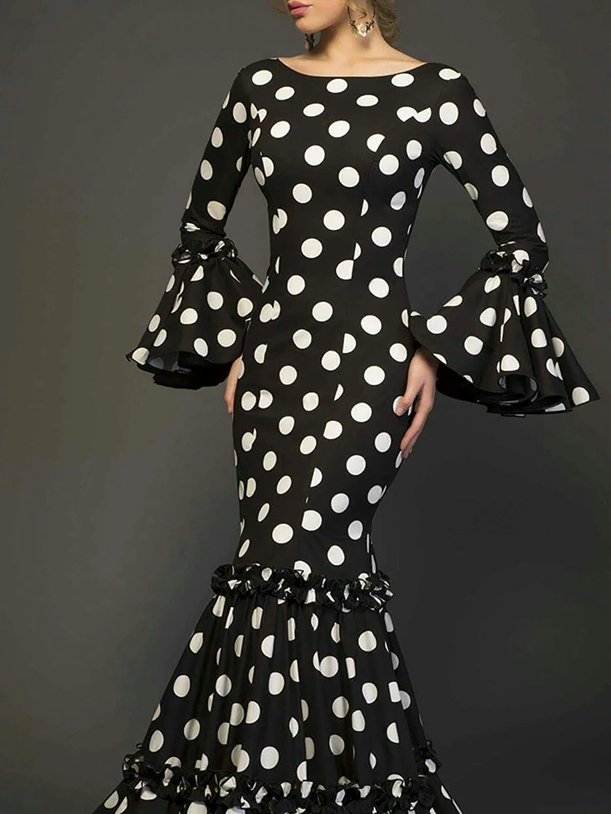 Elegant Polka Dot Ruffle Tiered Evening Dress For Women