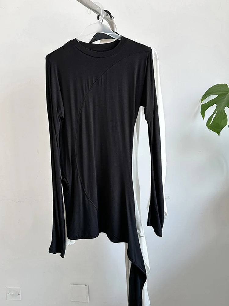 [EAM] Women White Irregular Hem Elegant Long Slim T-shirt New Round Neck Long Sleeve Fashion Tide Spring Autumn 2025 1DJ0097