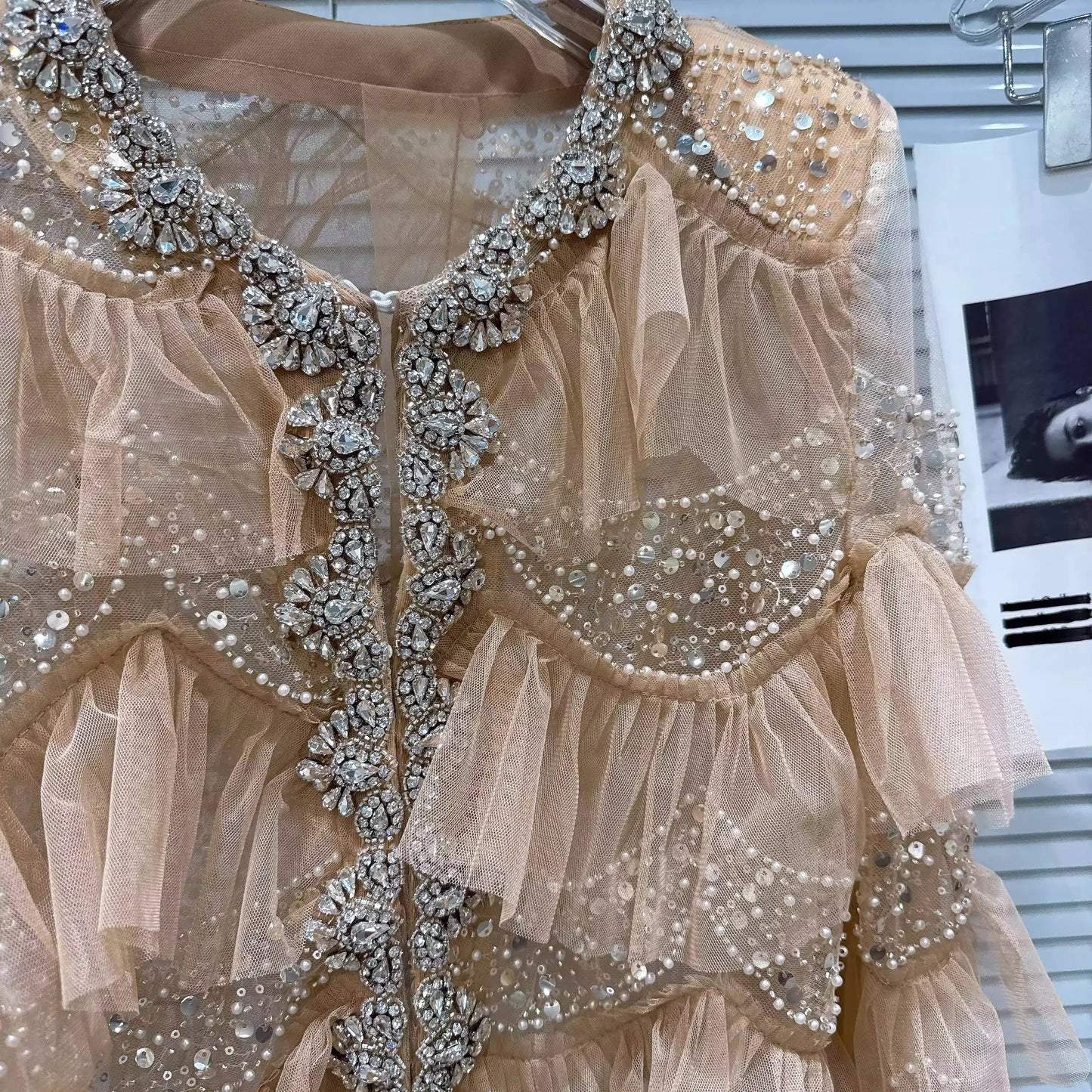 Open Front Rhinestone Beaded Sequined Mesh Coat For Women