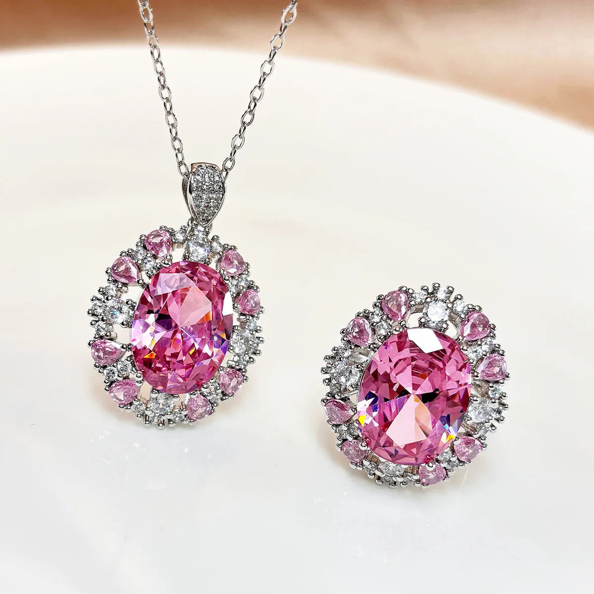 Romantic Pink Cubic Zirconia Necklace and Ring Set for Women