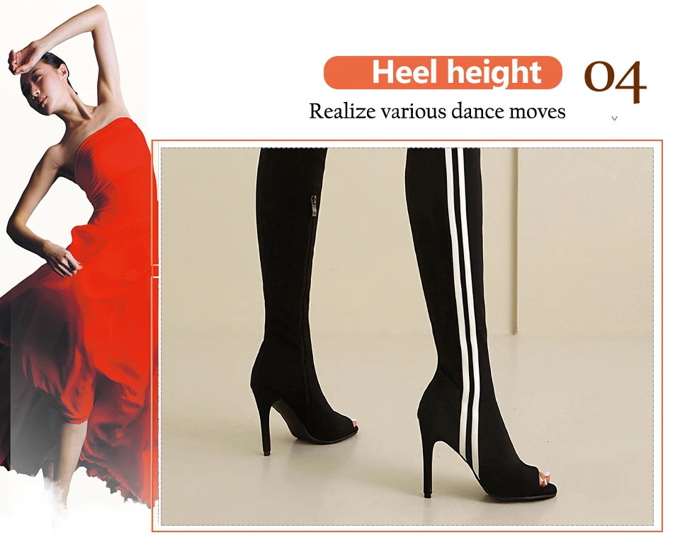 Elastic Stiletto High Heel Knee-High Dance Boots for Women