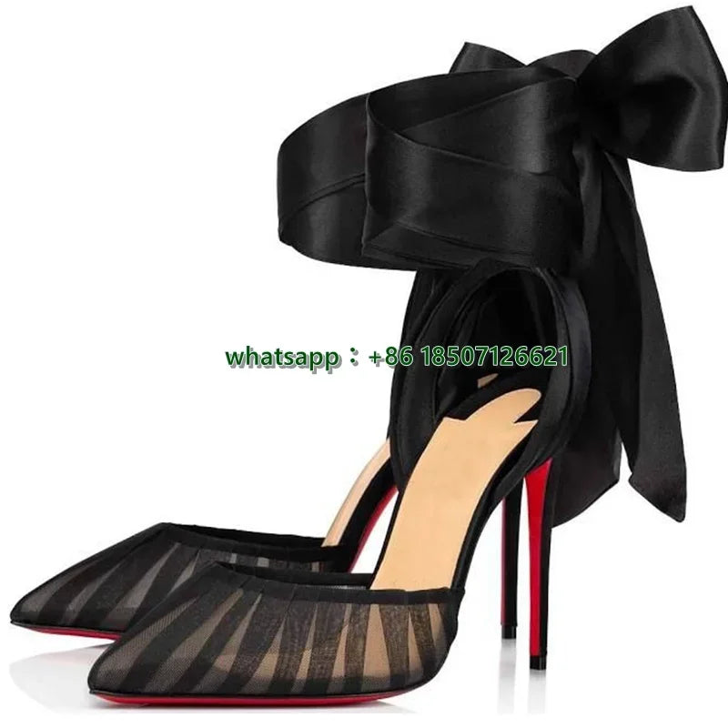 Elegant Black Mesh Ankle Tie Bow Stiletto Heels For Women