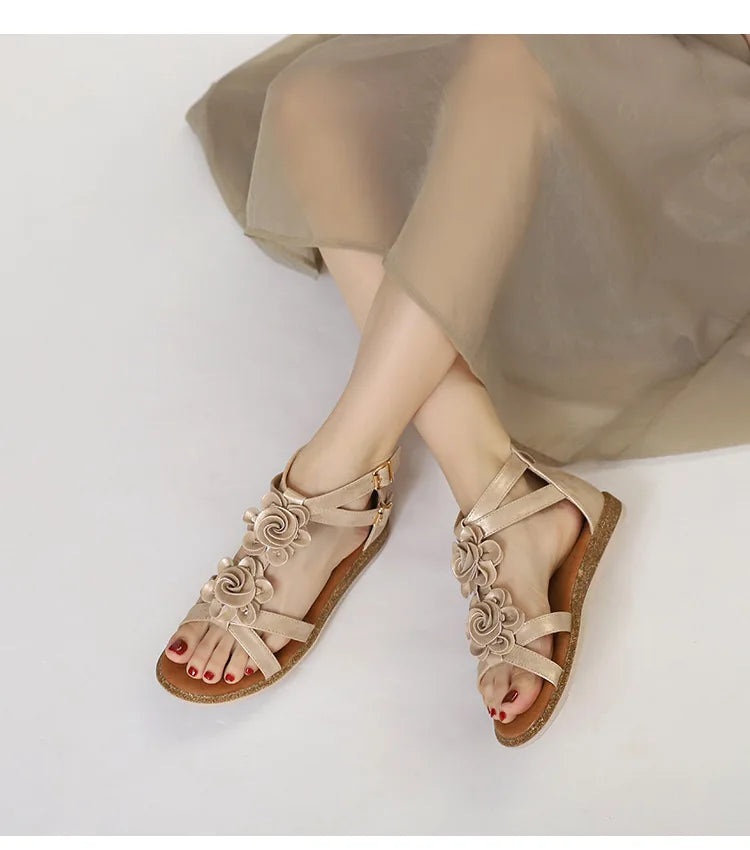 Strappy Bohemian Floral Printed Flat Sandals for Women