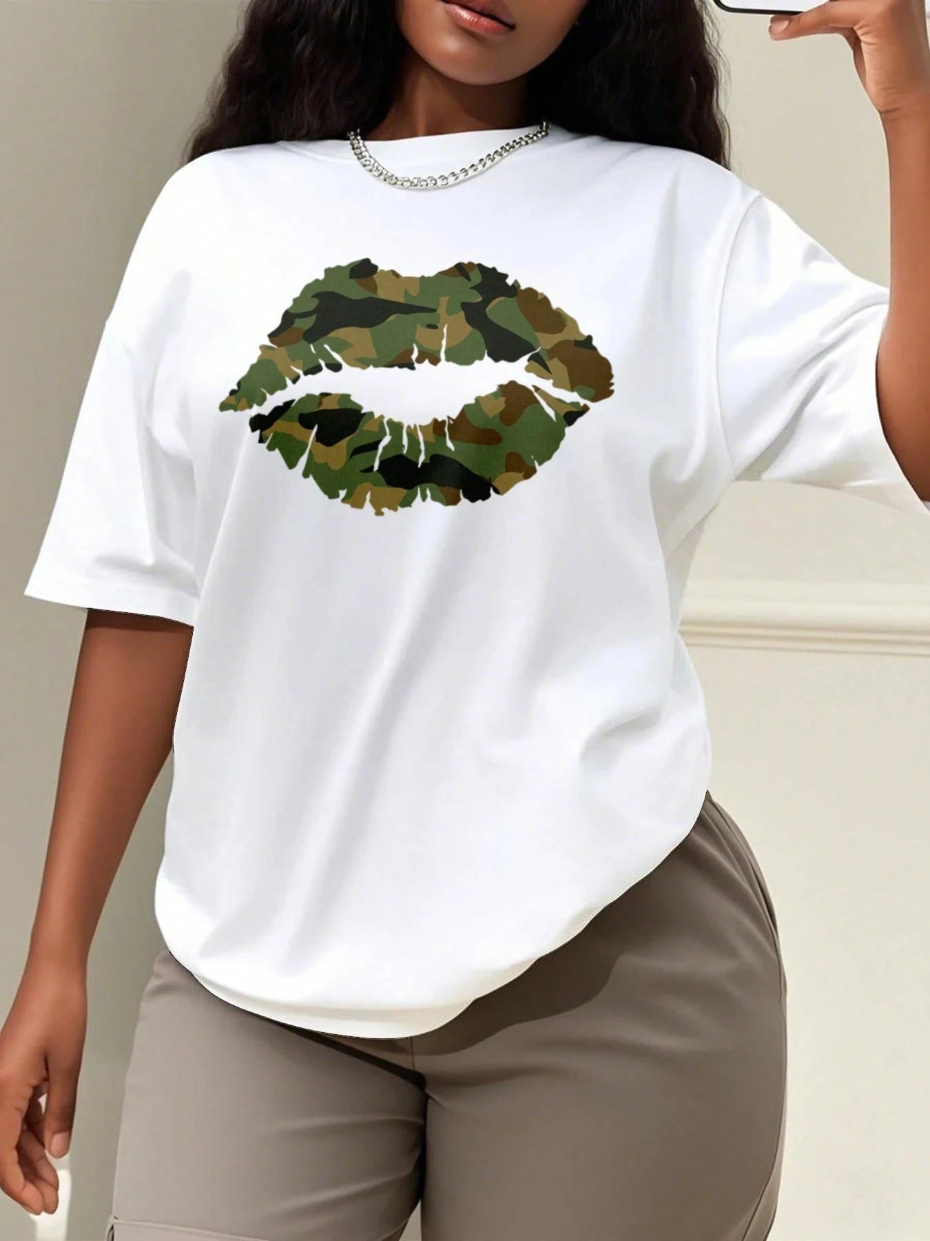 Women's Plus Size Camouflage Lip Print T-shirt Cotton Breathable Fashionable and Versatile Unisex Streetwear Oversized