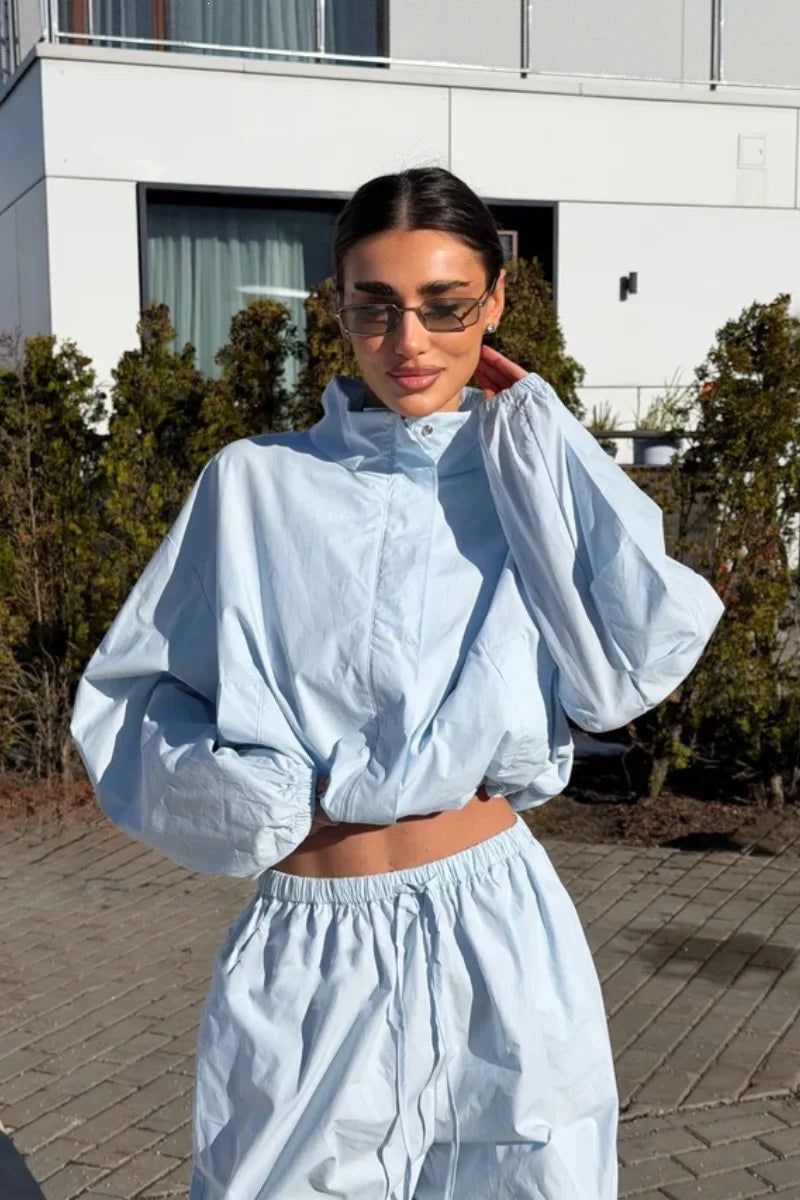 Lace Up Stand Collar Wide Leg Two Piece Set for Women