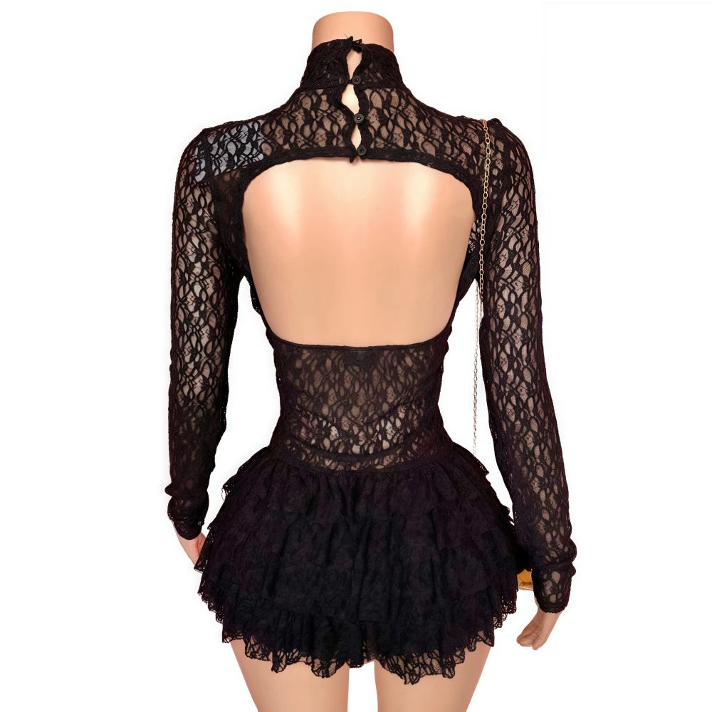 FAGADOER Sexy Lace Ruffle Patchwork Bodycon Romper Woman See Through Long Sleeves One Piece Jumpsuits Female Nightclub Overalls