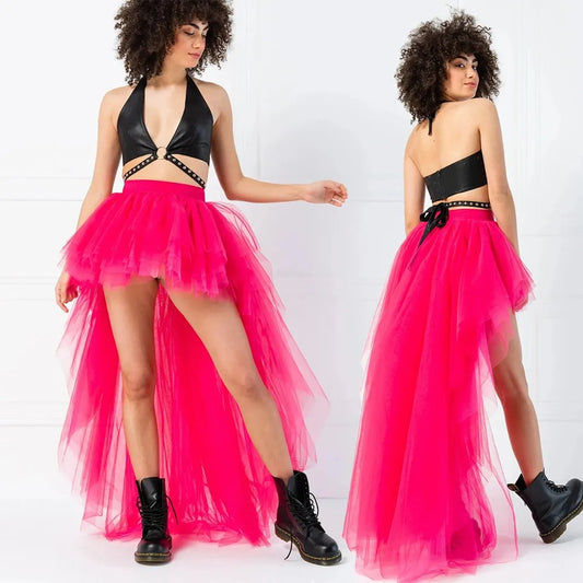 MisShow Hi-Lo Tulle Petticoat Women's Long Four Layer Puffy Skirt Fuchsia Tutu Skirts Adult Junpon Goth For Party Cocktail