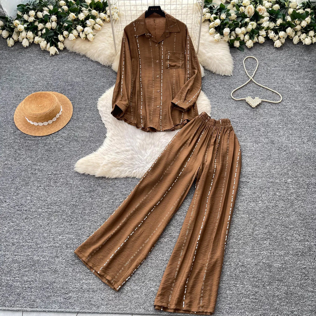 Collared Shirt and Wide Leg Pants Set