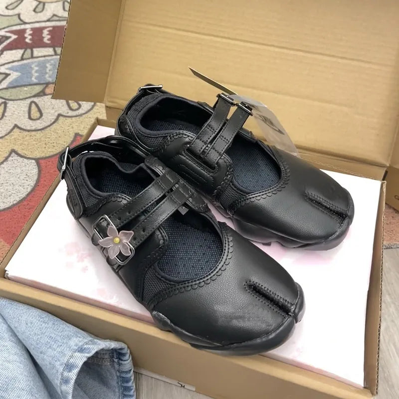 Leather Split Toe Buckle Mary Jane Flat Shoes for Women
