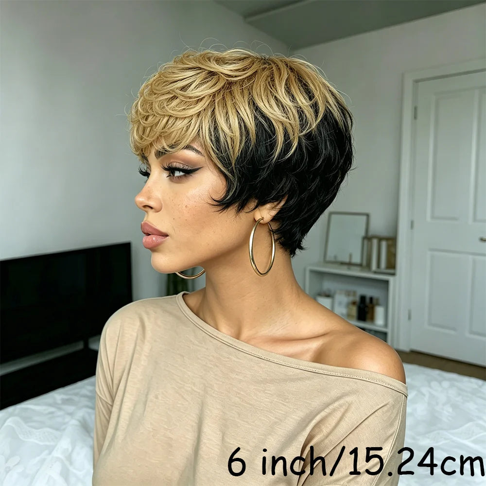 Kinky Curly Bob Wig With Bangs Black Champagne Human Hair For Women