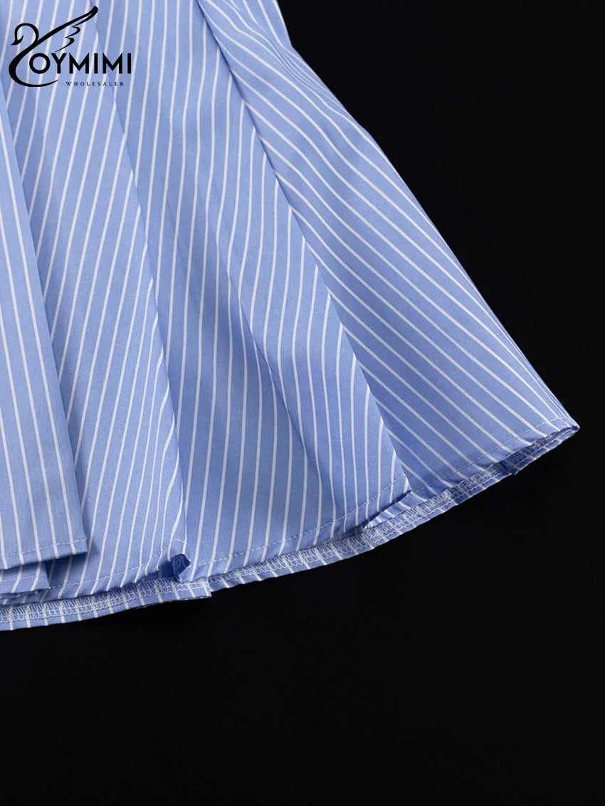 Oymimi Elegant Blue Striped Print Sets For Women 2 Pieces Fashion Long Sleeve Button Crop Tops And High Waist Pleated Skirts Set