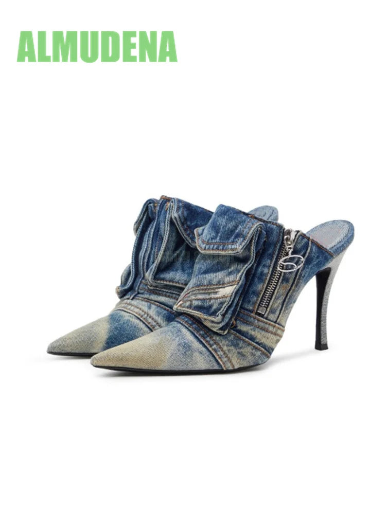 Denim Wrapped Thin High Heel Pointed Toe Pumps For Women