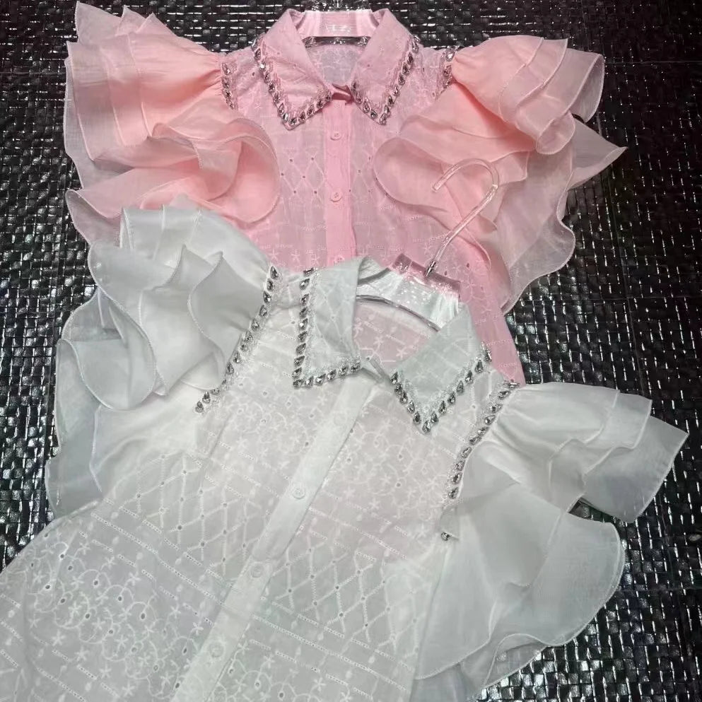Diamond Stitch Jacquard Cotton Blouse With Ruffles for Women
