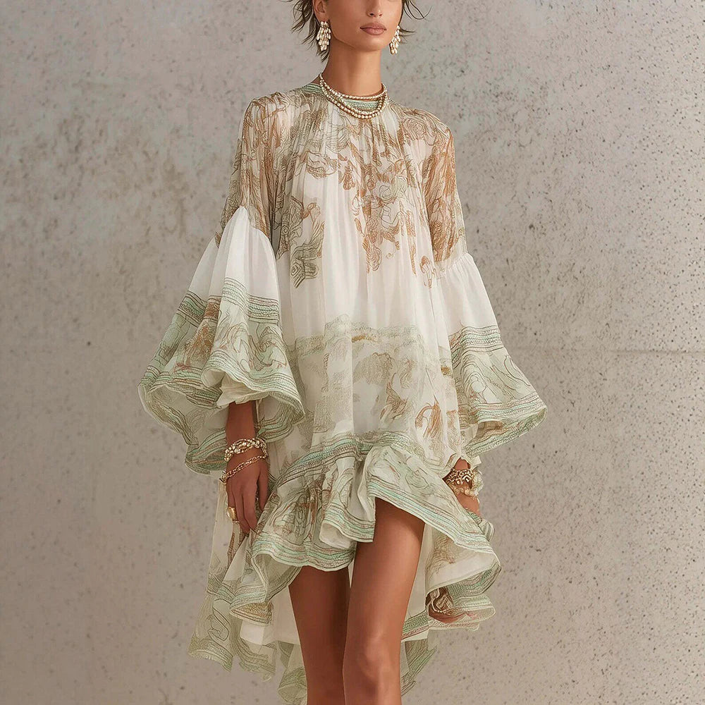 Vintage Boho Floral Print Ruffle Hem Mini Dress for Women